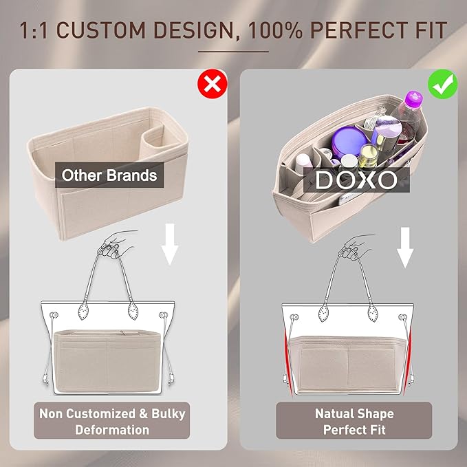 Doxo Purse Organizer Insert, Felt Bag Tote Fit L Speedy 30 Neverfull PM & Base Shaper 2pc Set (Medium-Beige-Combination)