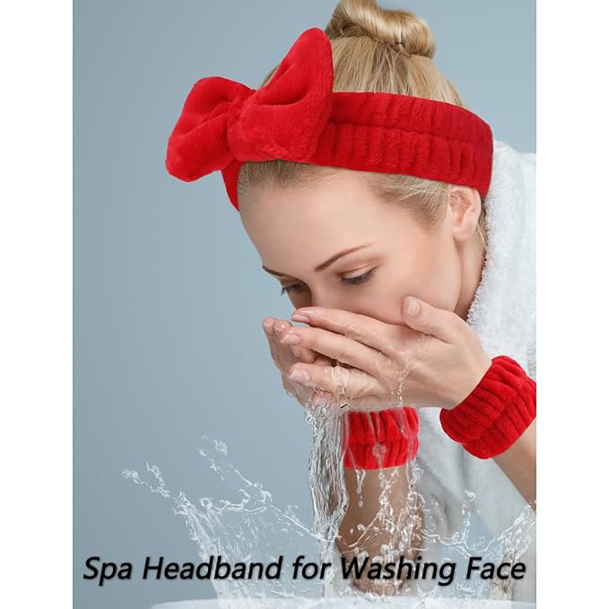 VELSCRUN Spa Headband, Makeup Face Wash Skincare Headbands, Bow Hair Band Party Favors for Washing Face, Stocking Stuffers For Women Teen Girls Christmas Gifts Hair Accessories Pink Red