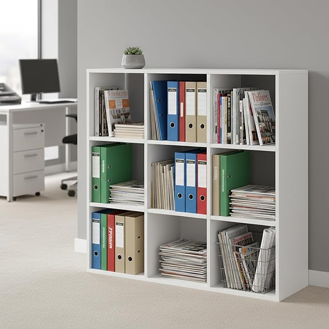 9-Cube Storage Organizer, White Bookshelf with Open Compartments for Home Office, Modern Bookcase Display Shelf for Living Room, Bedroom & Entryway