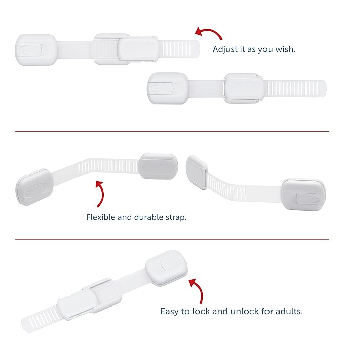 CUTESAFETY - Child Safety Cabinet Locks (2 Pack) – Adjustable Baby Proofing Strap Latches with Strong 3M Adhesive – No Drill Childproof Locks for Drawers, Cabinets, Fridge, Door, Closet, White