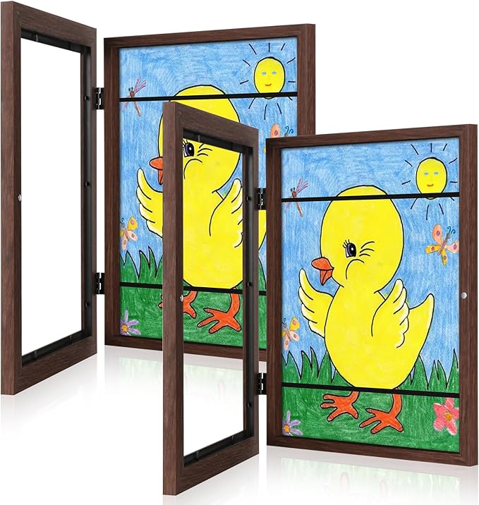 GULETHUN [2-Pack] Kids Art Frames, 8.5x11 Front Opening Kids Artwork Frames Changeable, Brown Artwork Display Storage Frame for Wall, Holds 50 Pcs, for 3D Picture, Crafts, Hanging Art, Portfolio