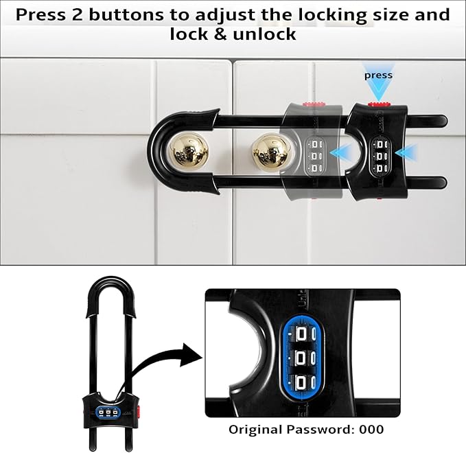 4 Pack Cabinet Locks with Combination U Shaped Sliding Cabinet Door Lock Child Proof Cupboard Locks Baby Proof Adjustable Safety Lock for Closet Code Latches Knob Handle Drawers - Black