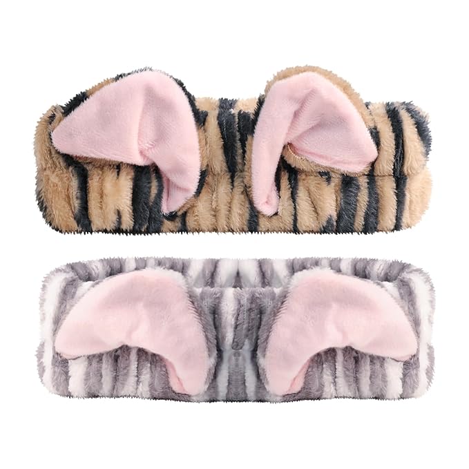 PERFECTSIGHT Kawaii Headband for Spa, Makeup, Washing Face, Party - 2 Pack Cute Hair Band for Shower Beauty Skincare, Soft Facial Headbands for Girls and Women, Black+Gray Cat Ear