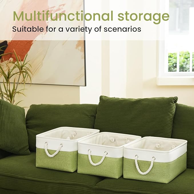 Large Storage Baskets- 15.7x11.8x8.26 inch Storage Bins for Shelves and Closet Organizing, Foldable Fabric Bin for Home Organization Clothes and Laundry (3-Pack, White&Green)