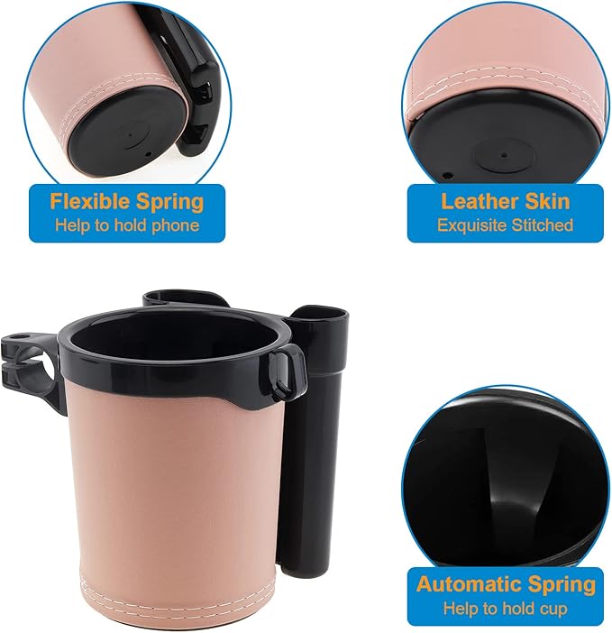 Tobefore Bike Cup Holder ABS+PU Leather with Phone Mount and Keys Hook，Adjustable Drink Holder for Bicycle Handlebar,Universal Coffee Cup Holder for Bicycle, Wheelchair, Scooter and Walker(Beige)