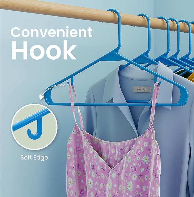 Utopia Home Plastic Hangers 50 Pack - Space Saving Clothes Hanger - Durable & Strong Closet Organizers and Storage with Built-in Strap Hooks - Essential for Shirts, Pants, Skirts & Coats (Blue)