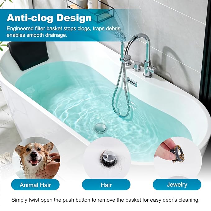 Hibbent 3 in 1 Metal Bathtub Drain Stopper, Universal Pop Up Tub Stopper, Bathtub Drain Hair Catcher, Removable Filter Basket, Anti-Clogging Drain Plug for 1.5''~2.4'' Drain, Brass Bullet Core, Chrome