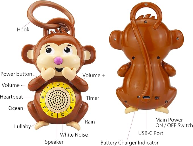BIGMONAT Monkey Baby Sleep Soother with a White Noise Sound Machine Featuring 5 Soft Ambient Sounds, USB Rechargeable and Lullaby Machine for Sleeping Travel Baby Gift (Brown)
