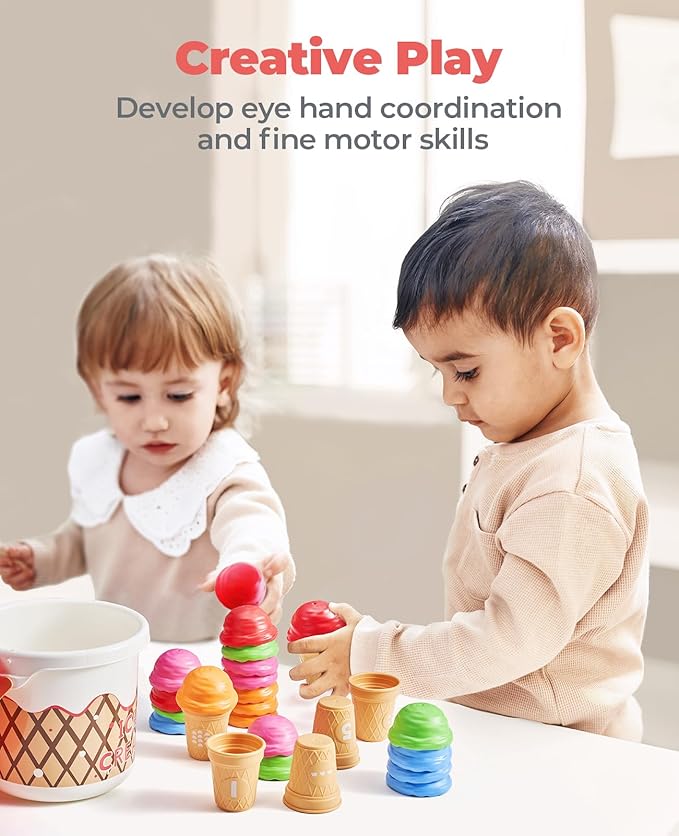 JoyCat Ice Cream Preschool Learning Activities Counting and Color Sorting Set Stacking Toy for Kids 1-5, Educational Fine Motor Skill Math Manipulative, 30PCS Play Food for Girl Toddler Valentine Gift