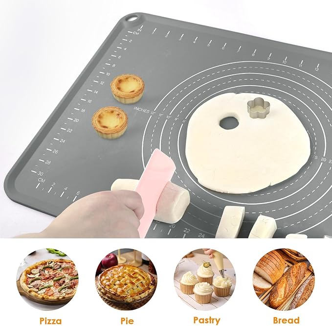 Silicone Pastry Mat 24" x 16" Baking Mat with Measurements and Edge Heightening, Thick Non-slip Food Grade Silicone Pad for Countertop Rolling Kneading Dough, Bread, Cookies,Pizza, Fondant,Dark Gray