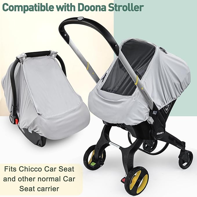 Baby Car Seat Cover,Sunproof Car Seat Canopy for Babies, Extra Large Mesh Window Baby Car Seat Sun Shade Cover,Infant Carseat Covers for Summer/Autumn Use(Gray)