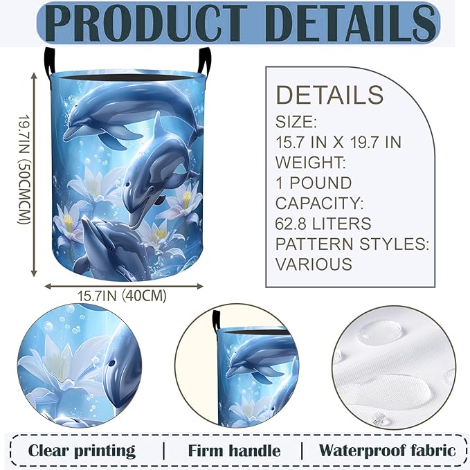 Dolphin Laundry Basket Hamper 19.7"x15.8", Ocean Animal Foldable Waterproof Oxford Clothes Storage Bucket for Room Bathroom Bedroom Nursery Decor, Toy Organizer Bins Gifts for Kids Boys Girls