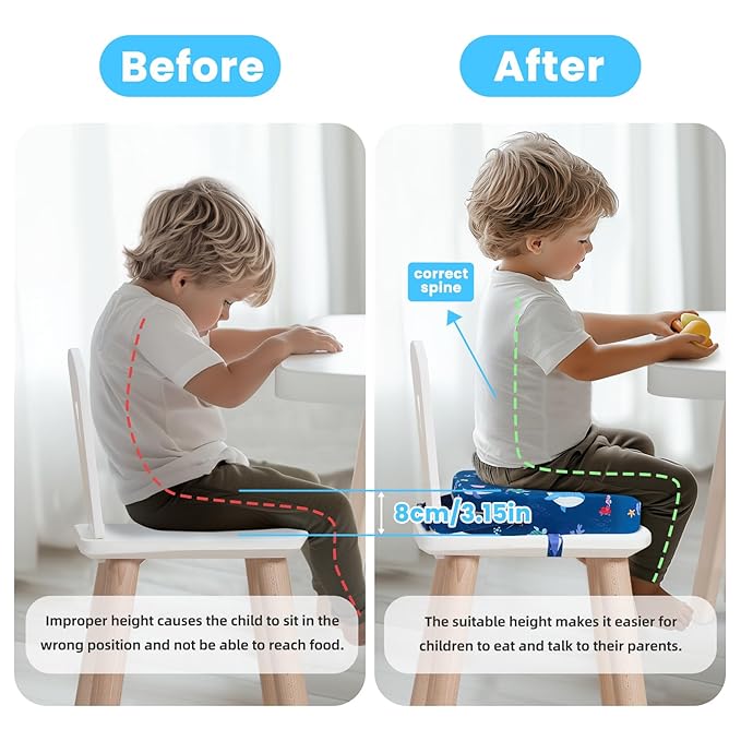 Toddler Booster Seat for Dining Table, 4" Kids Booster Seat for Kitchen Chair with Non-Slip Bottom, Portable Detachable Washable Increasing Cushion with 2 Adjustable Straps (Marine Animals)
