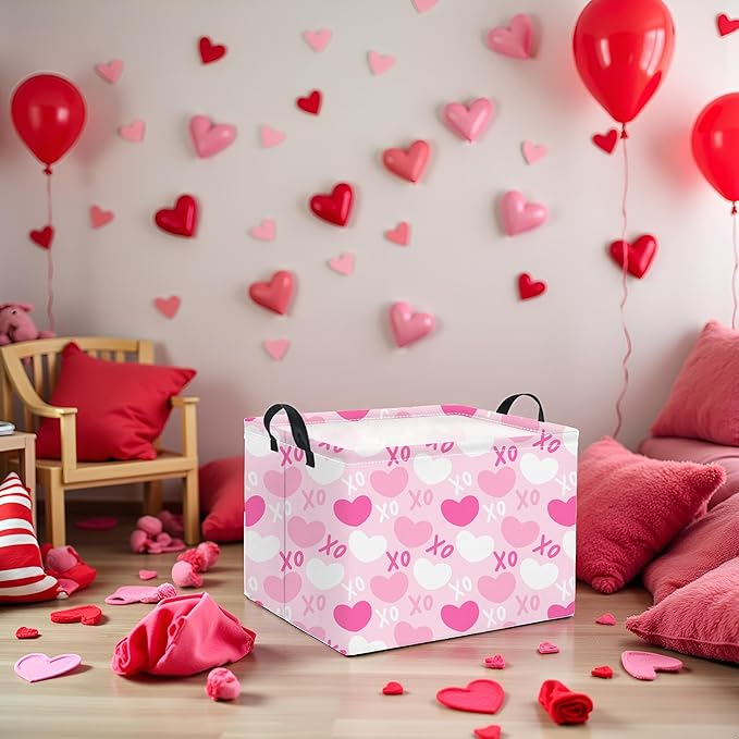 TIBAOLOVER Rectangular Valentines Basket for Home Kitchen Girls Cute Kids Storage Bin Organizer Shelf Book Room Decor(XO Heart)