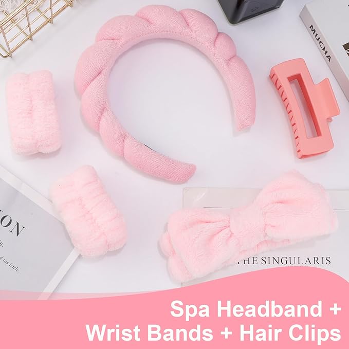 Canitor Spa Headband Wrist Bands Set with Hair Clips Skincare for Washing Face Skin Care Makeup Preppy Tween Teen Girl Gifts Cute Trendy Stuff Hair Accessories for Women (pink)