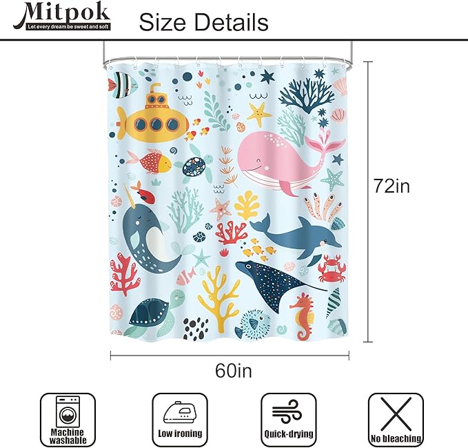 Blue Kids Shower Curtain 60Wx72H Kid Ocean Whale Funny Summer Cartoon Cute Fish Sea Animal Boy Girl Nursery Bathroom Decor Underwater Submarine Coastal Bath Curtain Polyester 12 Pack Hooks