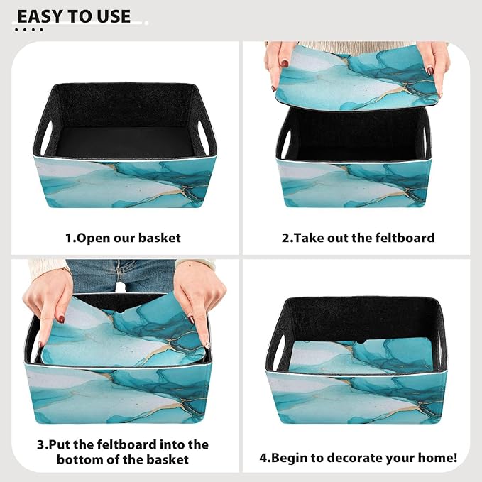 Kcldeci Ocean Marble Blue Gold Storage Bins Baskets for Organizing 2Pack, Sturdy Storage Basket Foldable Storage Baskets for Shelves Closet Nursery Toy