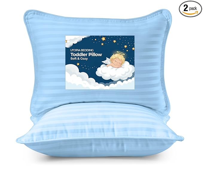 Utopia Bedding Toddler Pillow (Light Blue, 2 Pack), 13x18 Small Kids Pillow for Sleeping, Soft and Breathable Cotton Blend Shell, Ideal for Toddler Bed and Travel (Intended for Age 2 and up)