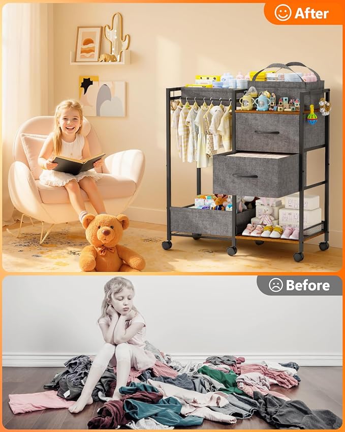 Baby Storage Cart with Drawers, Baby Diaper Caddy Organizer with Removable Dividers, Baby Closet Organizer, 2In1 Rolling Cart for Nursery Essentials & Baby stuff