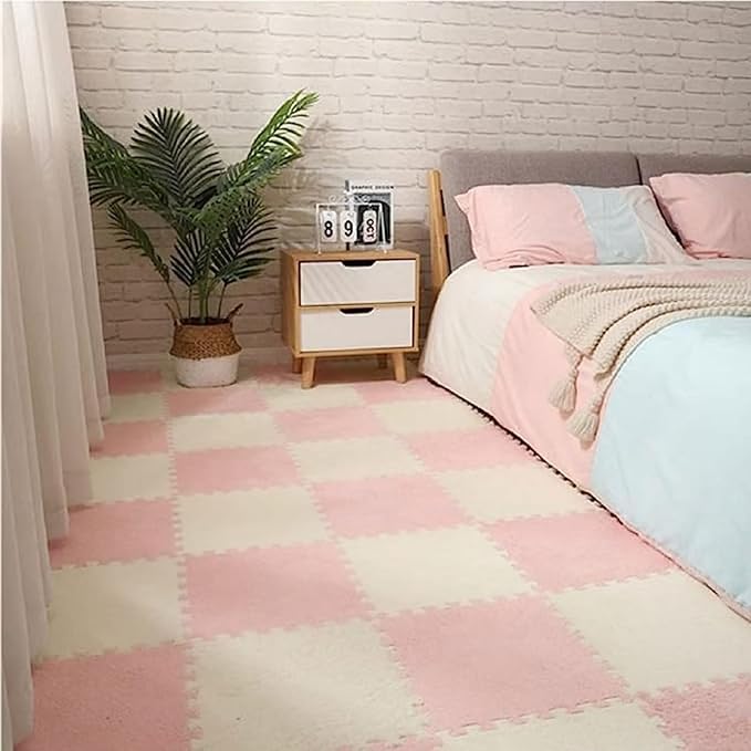 12pcs Plush Puzzle Foam Floor Mat, Cute Soft Fluffy Interlocking Square Foam Tiles Area Rugs Carpet for Parlor Bedroom Decoration(11.8x11.8x0.4in, Pink&White)