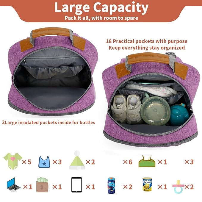 BILLITON MASHI Diaper Bag Backpack, Large Baby Nappy Bags with Portable Changing Pad for Boys and GirlsMultifunction Travel Baby Bag for Moms Dads, Shower Gifts Waterproof and Stylish，Purple