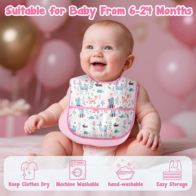 2ooya Baby Bibs for Eating - 6Pcs Toddler Waterproof Feeding Bibs with Crumb Catcher Pocket Adjustable Sleeveless Teething Plastic Food Bib Set Infant Keepsake Gift for Baby Shower, 6-24 Months