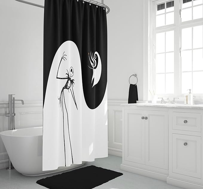 Jay Franco Disney Nightmare Before Christmas Fabric Shower Curtain - Kids Swirl Black and White Bathroom Décor with Jack Skellington and Zero
