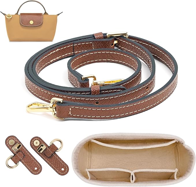 LOUKAYCCI 2 Kit Mini Bag Leather Shoulder Strap and Felt Purse Organizer Insert for Longchamp mini XS Bag Punch-Free Adjustable Buckle Design（Beige & Strap）