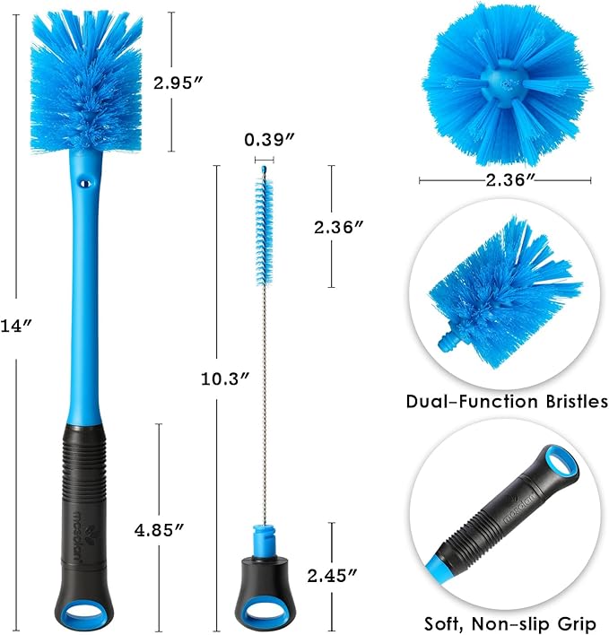 MOSOLAN 2-in-1 Water Bottle Brush and Straw Cleaner Brush, Long Handle Scrub Brush with Replaceable Head for Water Bottles, Glasswares, Mugs, Flasks, Tumblers and Kitchen Sink, Breezy Blue, 1 Pack