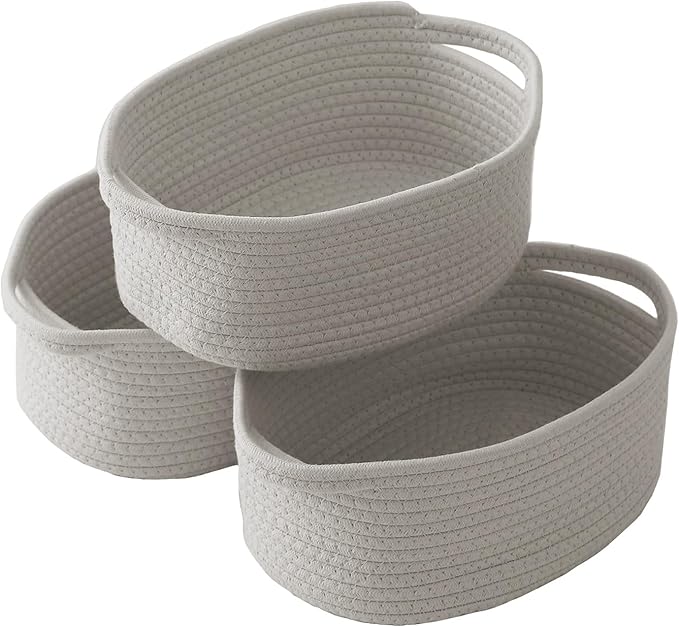 JMvicyroam Woven Basket,Small Rope Storage Bin with Handles & Ribbon Bag, Organizer for Shelves Closets,Gift Basket Empty for Birthday,Books,Dog Toys, Grey/3 Pack
