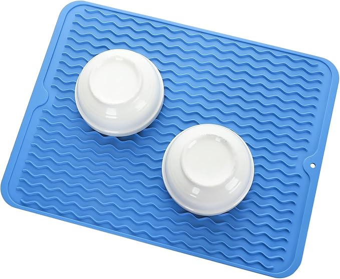 MicoYang Silicone Dish Drying Mat for Multiple Usage,Easy clean,Eco-friendly,Heat-resistant Silicone Mat for Kitchen Counter or Sink,Refrigerator or drawer liner Lichen BlueL L 16 inches x 12 inches
