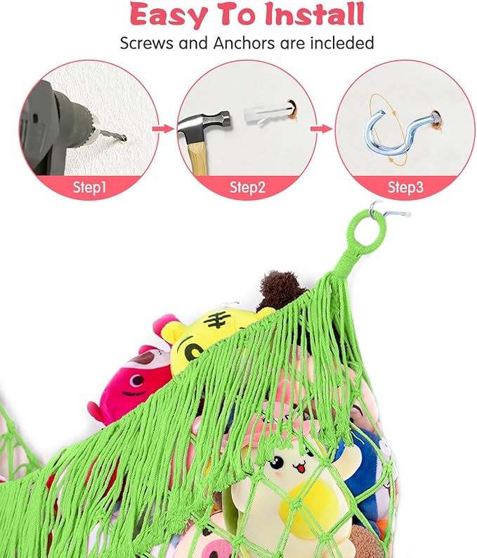 Stuffed Animal Hammock - Extra Large 63'' Long, Stuffed Animal Storage, stuffed animal Holder net, Hammock Large, Storage Hanging Organizer - Apple green
