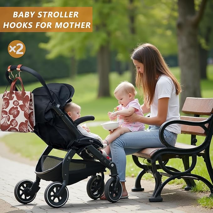 2 Pack Stroller Hooks,Strong Synthetic Leather Hook-and-Loop Fastener&High-Quality Metal Hooks,Universal Bag Clip|360° Rotation, 66lb Capacity,Non-Slip-Fits Wheelchair(Black-Silver Gray)