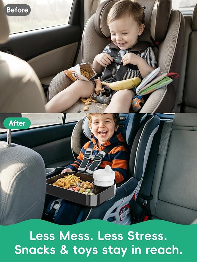2PCS BBSDA Car Seat Cup Holder Snack Tray for Kids, Reduces Mess, Detachable Large Base & Adjustable Ring, Carseat Tray for Toddler, Car Seat Food Tray Table for Kid Travel Road Trip Essentials