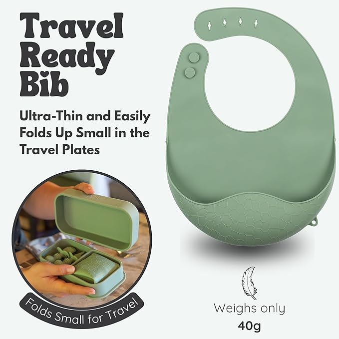 Baby Travel Essentials 6 Pc Silicone Feeding Set - Portable Toddler Plates with Suction, Baby Spoons & Foldable Bib in Carrying Case - BPA-Free Infant & Toddler Utensils for Airplanes & Eating Out