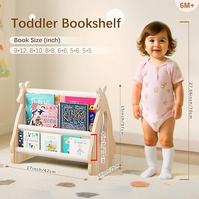 Lullulii Double Sided Kids Bookshelf –2 Tier Portable Toddler Bookshelf,Book Shelf for Kids Rooms & Playroom,Wooden Montessori Baby Bookshelf,Toddler Book Display Shelves (Nature, Kangaroo)