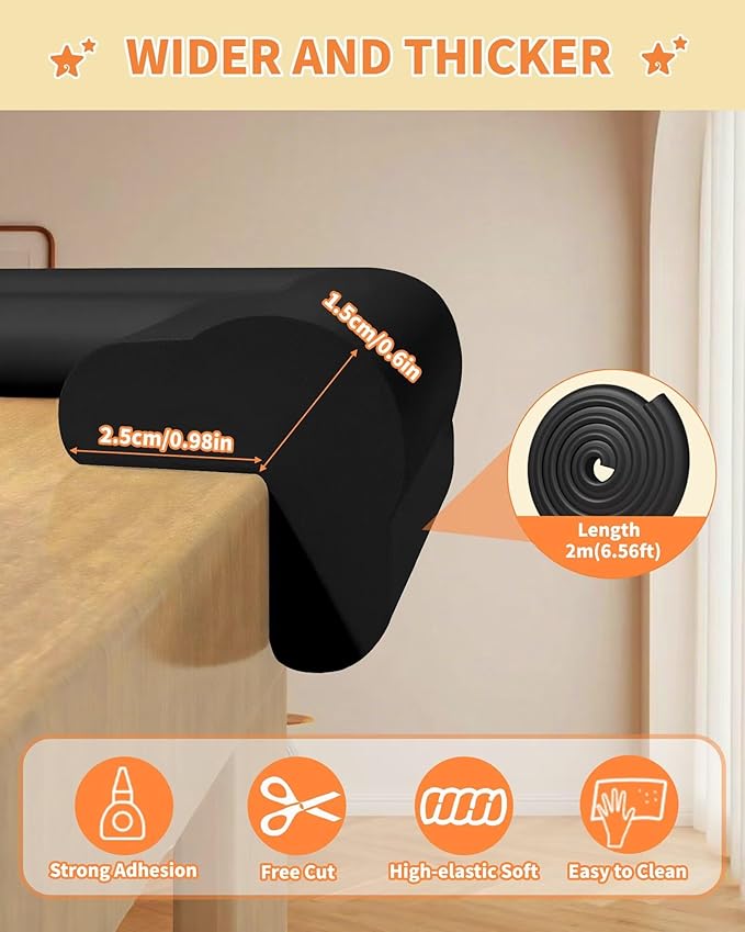 QYV Edge Corner Protector Baby Proofing, 6.56FT 0.6'' Thicken L-Shape Furniture Fireplace Safety Bumper Guard with 6 Corners, Pre-Taped, Soft NBR Rubber Foam, Table Edge Protector for Baby (Black)