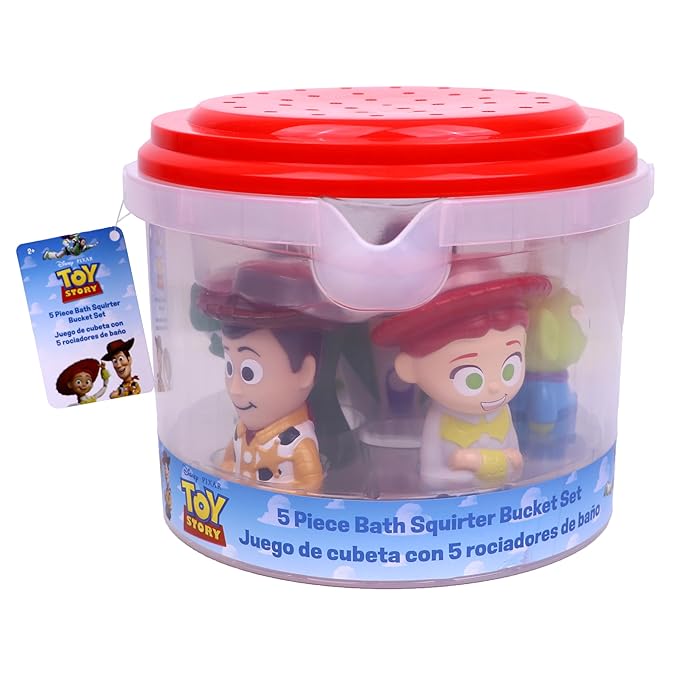 Disney Toy Story- 5 Piece Jumbo Squirter Bucket - Bath Toys for Baby and Toddlers - Includes Organizer Bucket - Store Bath Time Water Toys