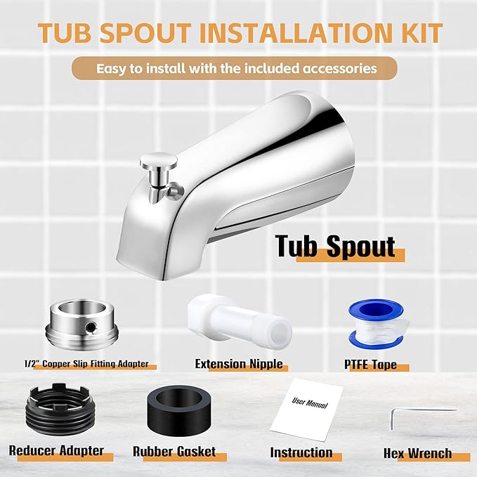 Dreyoo Tub Spout (Universal Fits 1/2" Copper Pipe, 1/2" IPS and 3/4" IPS), Bathroom Bathtub Faucet with Adapters and Hex Wrench (Chrome,Simple)