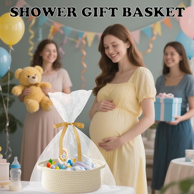 Small Woven Rope Basket-Empty Gifts Basket with Bag and Ribbons,Cute Handle Organizer Box for Birthday/Baby Shower, Toy Storage, Nursery Organizing & Shelf Decor(Cream)