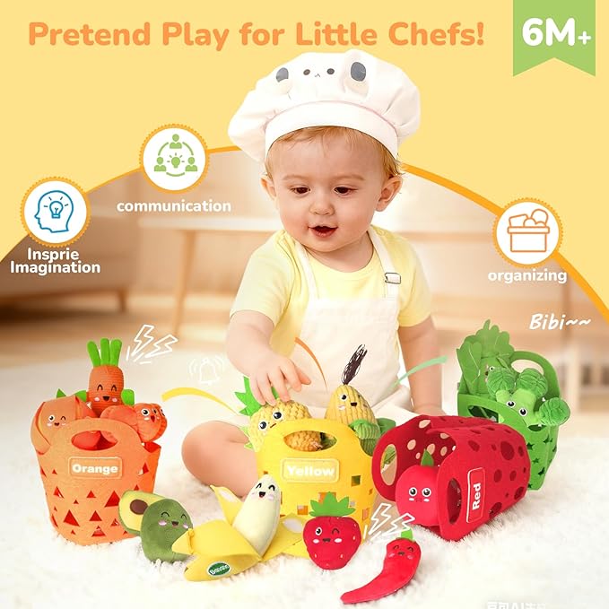 Baby Sensory Toys - Plush Color Sorting Fruit Veggie Baby Toys 6-12 Months, Pretend Play Food with Rattle Crinkle for Toddlers 1-3, Birthday Valentines Day Easter Gift for 1 Year Old Boys Girls