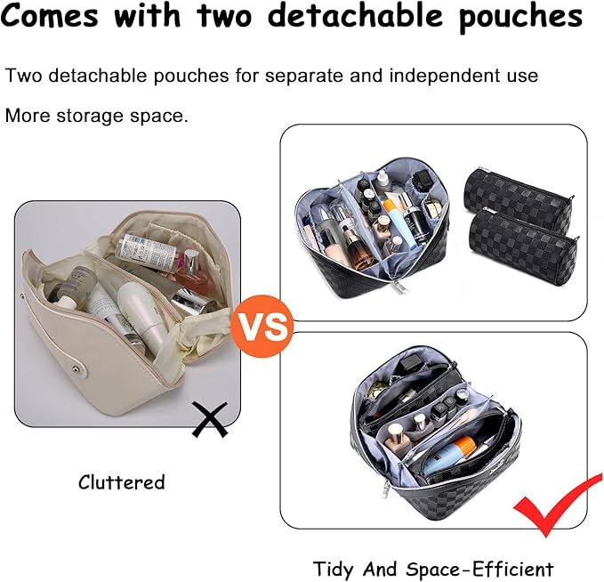 BOYATU Travel Makeup Bag Organizer Cosmetic Bag: 3 Pcs Set Large Capacity Make up Bag with Compartments - Waterproof Leather Toiletry Bags with Handle Travel Essentials Case Gifts for Women (01-Black)