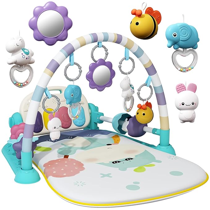 Baby Gym With Kick and Play Piano, Activity Mat for Tummy Time With 5 Infant Learning Sensory, Music and Lights for Newborn Boy or Girl (Green)
