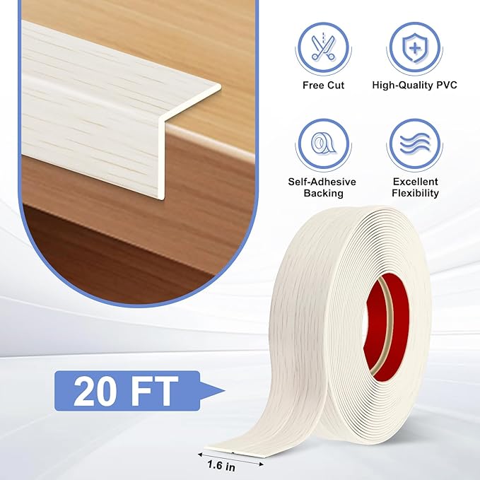 Wall Corner Protector Moulding Trim Peel and Stick Wall Corner Guards Trim Flexible Self Adhesive Edge Protector Moulding, 1.6 in x 20 Ft, Beige Wood