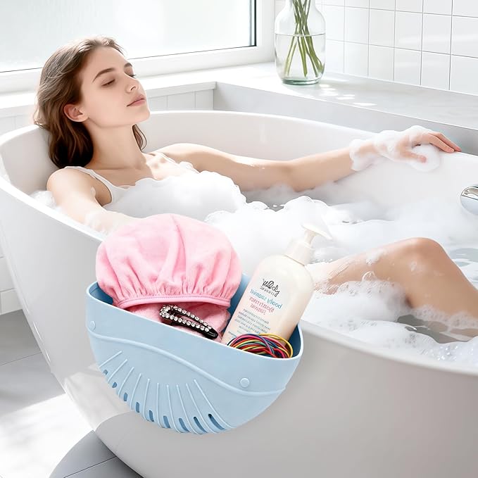 Silicone Bath Toy Organizer for Tub, Flexible 2-Compartment Bathtub Storage Basket for Kids & Adults, Drainable Toy Holder and Foldable Shower Caddy for Bathroom Essentials（Blue）
