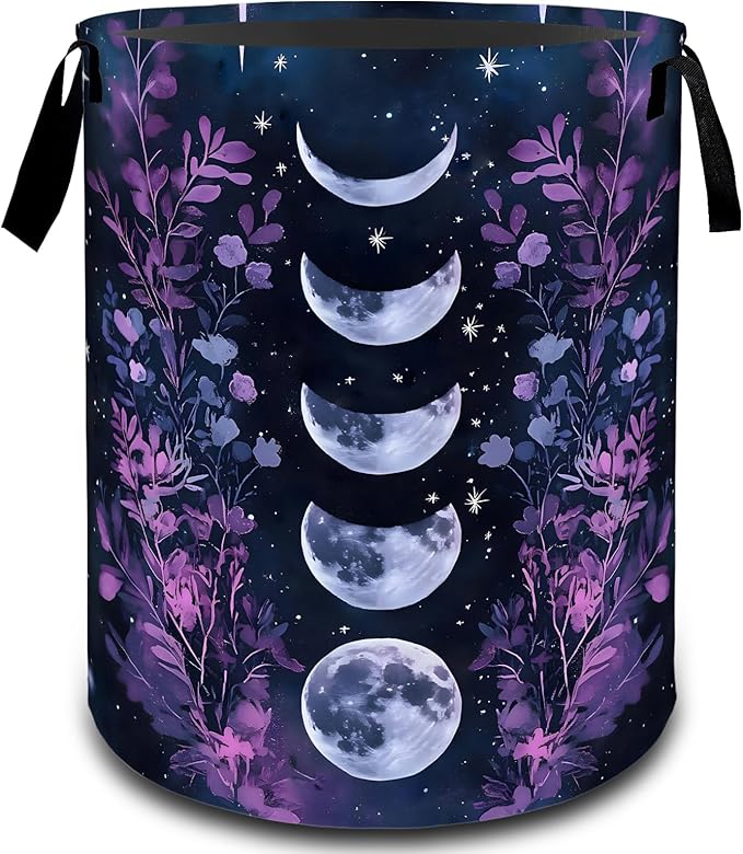 VODRM Moon Phase Floral with Starry Sky Laundry Basket, Dirty Collapsible Clothes Toy Organizer Hamper for Kids Adults, Oxford Cloth Waterproof Storage Bin for Room Bathroom Decor Gifts, 19.7"X15.7"