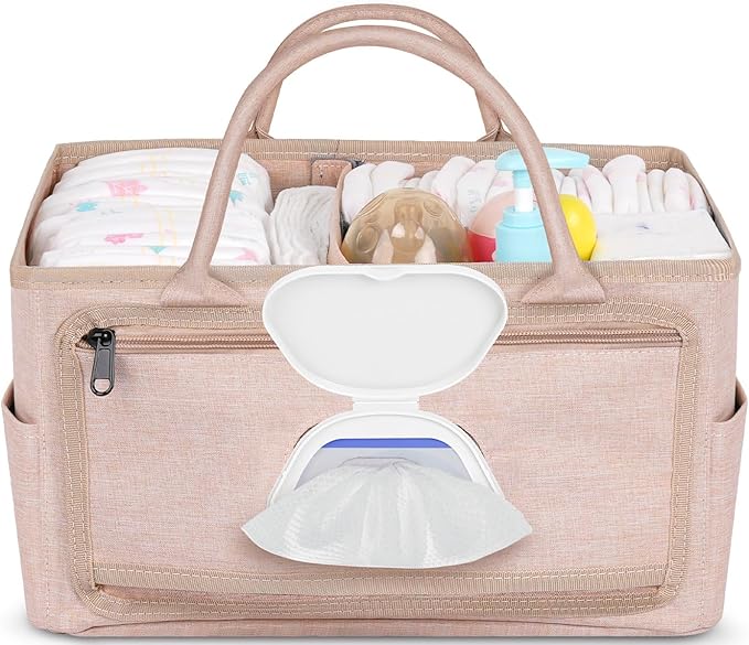 Volnamal Premium Diaper Caddy with Smart Side Wipes Pocket, Diaper Organizer, Portable Car Organizer & Nursery Basket for Newborn Essentials, Perfect Registry Must Haves for Boys & Girls, Beige