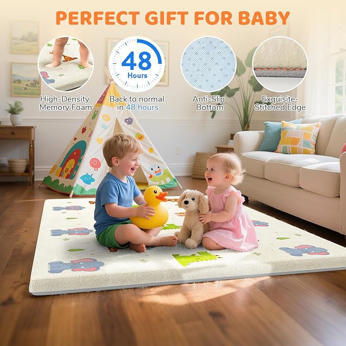 Omzer Baby Play Mat for Floor: Soft & Safe - 1.3'' Thick Foam Playpen Mat with Machine Washable Removable Cloth Cover for Tummy Time- Non Slip Crawling Pad for Toddler,Infant,Kids(Beige, 65''x 50'')