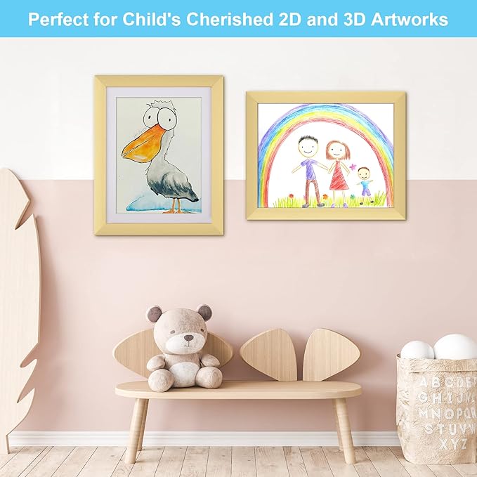 [2Pack] Kids Art Frames, 11x14 Front Opening Kids Artwork Frames Changeable, Gold Artwork Display Storage Frame for Wall, Holds 50 Pcs, for 3D Picture, Crafts, Children Drawing, Hanging Art, Portfolio