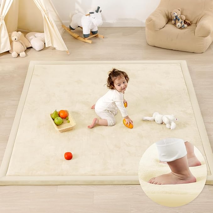 1.3" Thick Foam Baby Play Mat Extra Large 79x158, Basic Padded Plush Tummy Time Crawling Mat, Non-Slip Support Area Rug for Playroom Nursey Living Room (Ivory)